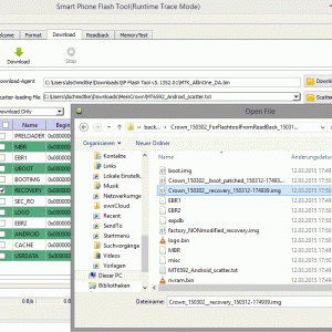 Auswahl des Recovery-Images am SP Flash Tool. Bei meinem Blackview Crown heißt die CWM-Datei Crown_150302__recovery_150312-174939.img - das originale factory_NONmodified_recovery.img wird links liegen gelassen