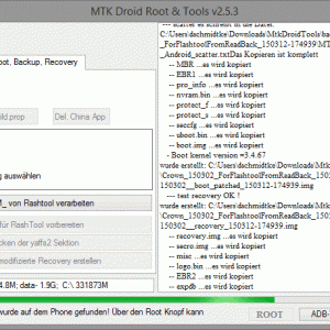 MTK Droid Tools bei der Arbeit; rechts das Log-Fenster mit laufenden Informationen, unten der Fortschrittsbalken