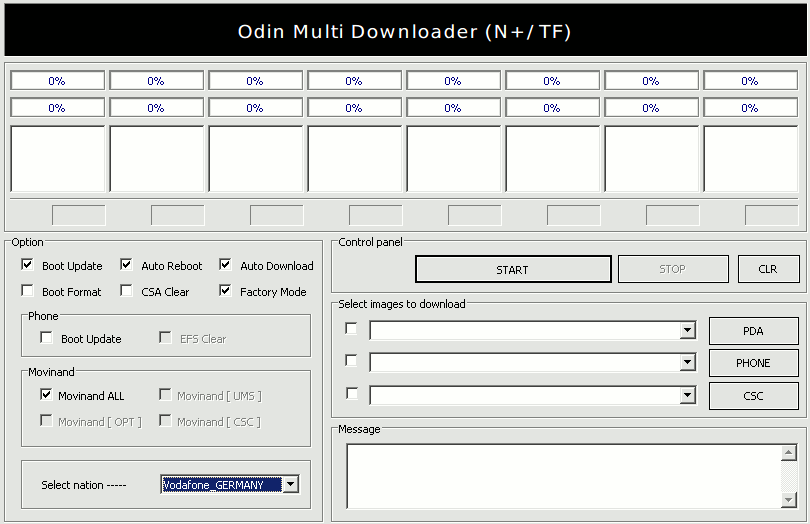 Odin2 - das Flash-Tool, Screenshot mit den Standard-Einstellungen