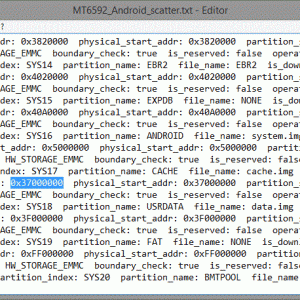 Ausschnitt aus der Scatter-Datei. Hinter dem Eintrag für CACHE findet sich die Angabe linear_start-addr, den Wert - hier wiederum für mein Blackview Crown - kann man sich herauskopieren.